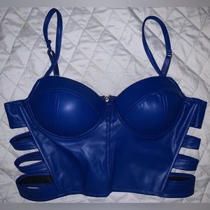 Blue Faux Leather Cropped Cut-Out Top